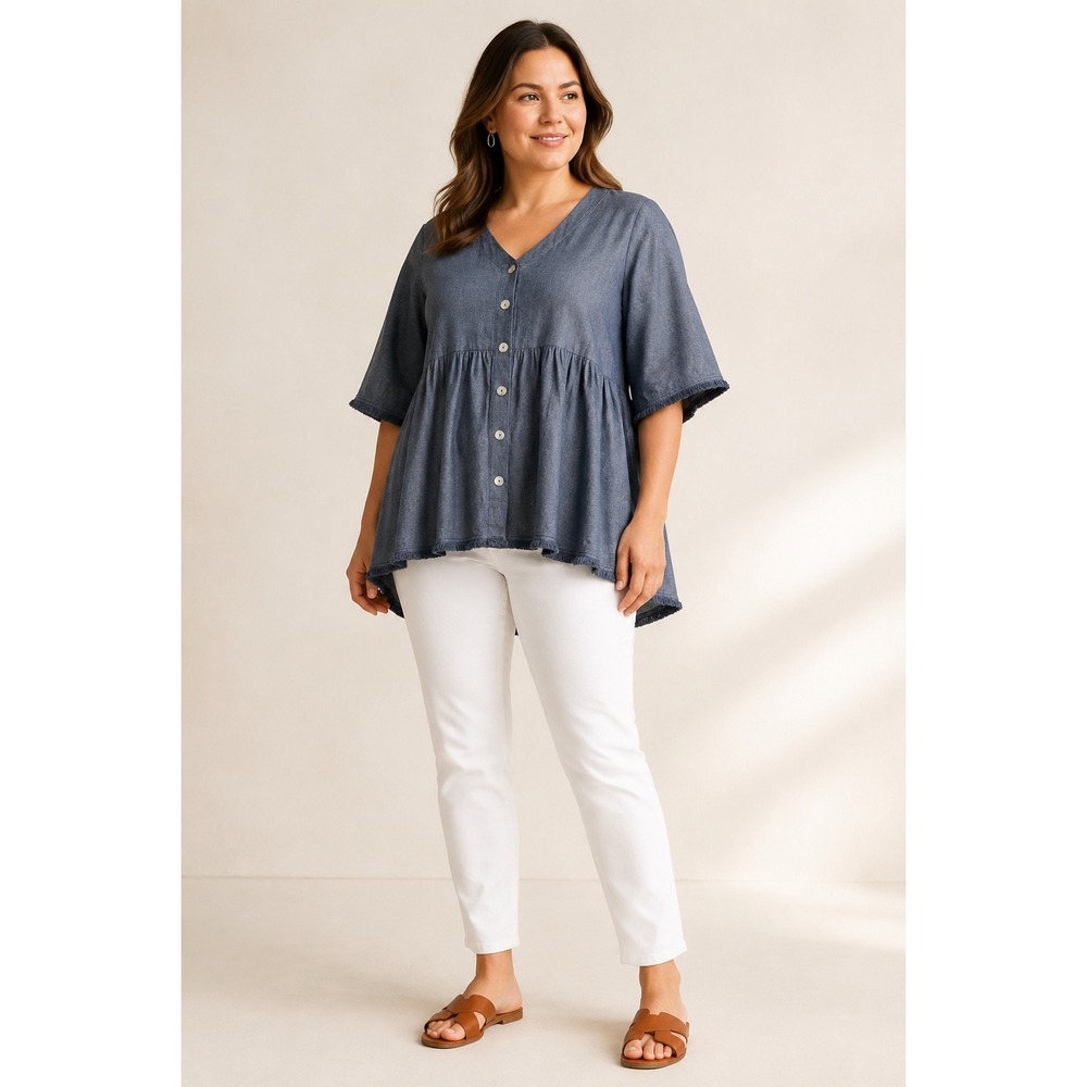 Gigio USA Blue Cotton Chambray Babydoll Peplum Top Boho Fringe V-Neck Large